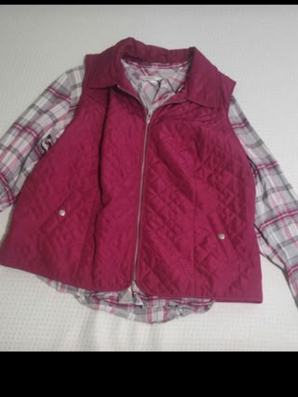 Pink Quilted Vest and Grey and Pink Plaid Flannel Shirt Set-- Size 1X
